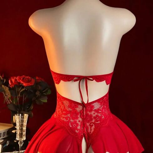 Women’s Sexy Lace Teddy Lingerie – Deep V Halter Bodysuit with Cut-Out Ruffle Trim One-Piece Mini Babydoll Chemise Sheer Sleepwear for Valentine's Day Night Date Honeymoon Red in Saudi Arabia