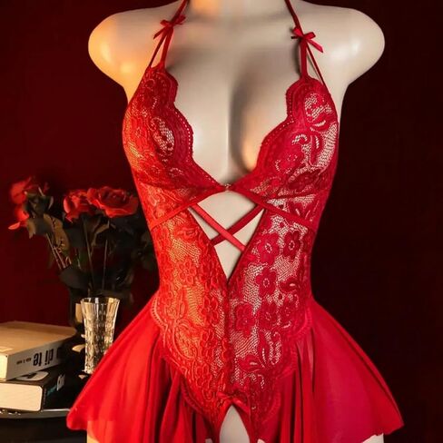 Women’s Sexy Lace Teddy Lingerie – Deep V Halter Bodysuit with Cut-Out Ruffle Trim One-Piece Mini Babydoll Chemise Sheer Sleepwear for Valentine's Day Night Date Honeymoon Red in Saudi Arabia