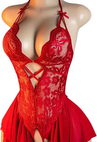 Women’s Sexy Lace Teddy Lingerie – Deep V Halter Bodysuit with Cut-Out Ruffle Trim One-Piece Mini Babydoll Chemise Sheer Sleepwear for Valentine's Day Night Date Honeymoon Red in Saudi Arabia