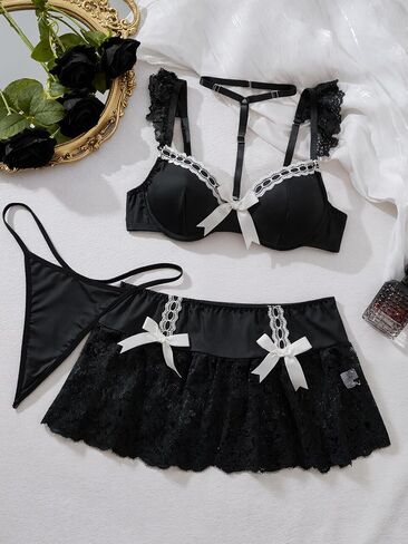 3 pack cute Lace lingerie sets for women sexy Bow Tie Underwire bra and panty sets with Mini Skirt in Saudi Arabia