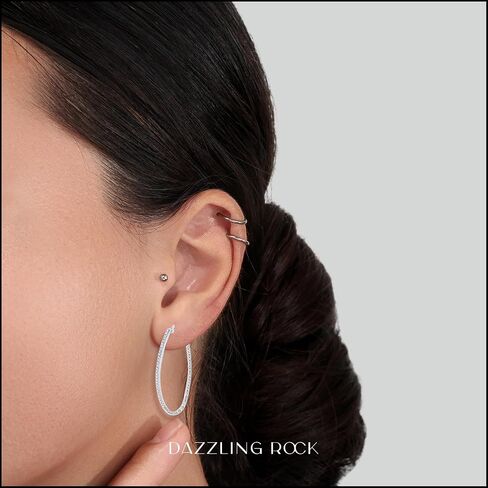 مجموعة Dazzlingrock 0.16 قيراط (قيراط) أقراط دائرية رفيعة من الماس الأبيض للسيدات من الداخل إلى الخارج ملتوية بسيطة وأنيقة، 925 من الفضة الاسترليني in Kuwait