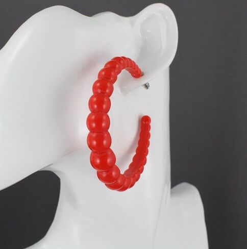 Red Hoop Earrings Plastic Beaded Texture Post Color Hoops Acrylic 2 3/8" Wide Adorable Statement Jewelry Earrings for Women in Kuwait