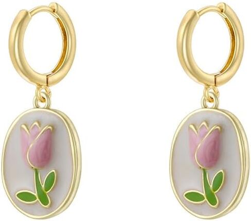 Dainty Tulip Flower Dangle Hoop Earring for Women Hypoallergenic Gold-Tone Plated Small Huggie Earrings Delicale Floral Tiny Hoop Fashion Drop Prom Wedding Engagement Statement Daily Jewelry in Kuwait