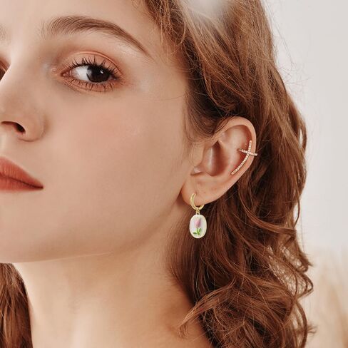 Dainty Tulip Flower Dangle Hoop Earring for Women Hypoallergenic Gold-Tone Plated Small Huggie Earrings Delicale Floral Tiny Hoop Fashion Drop Prom Wedding Engagement Statement Daily Jewelry in Kuwait