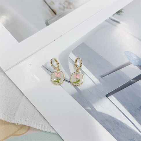 Dainty Tulip Flower Dangle Hoop Earring for Women Hypoallergenic Gold-Tone Plated Small Huggie Earrings Delicale Floral Tiny Hoop Fashion Drop Prom Wedding Engagement Statement Daily Jewelry in Kuwait