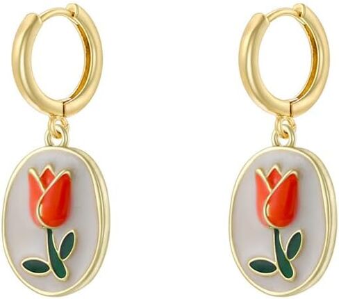 Dainty Tulip Flower Dangle Hoop Earring for Women Hypoallergenic Gold-Tone Plated Small Huggie Earrings Delicale Floral Tiny Hoop Fashion Drop Prom Wedding Engagement Statement Daily Jewelry in Kuwait
