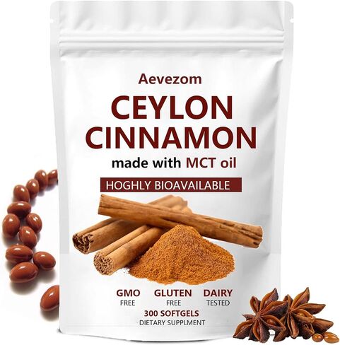 Ceylon Cinnamon Capsules, Ceylon Cinnamon 𝟳𝟮𝟬𝟬𝙢𝙜 Equivalent with MCT Oil, Highly Bioavailable Herbal Extract | Non-GMO, Gluten Free, 300 Softgel（1） in Saudi Arabia