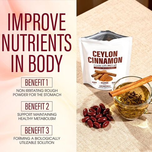 Ceylon Cinnamon Capsules, Ceylon Cinnamon 𝟳𝟮𝟬𝟬𝙢𝙜 Equivalent with MCT Oil, Highly Bioavailable Herbal Extract | Non-GMO, Gluten Free, 300 Softgel（1） in Saudi Arabia