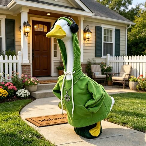 Kuriozud Porch Goose Outfit Cool Hip Hop Hoodie with Headphone and Necklace Garden Decoration Costume For 23'' Goose Status in Kuwait