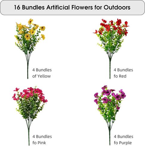 Artificial Flowers for Outdoors, UV Resistant Fake Silk Flowers | Realistic Faux Plants for Outside Indoor Porch Patio Window Box Planter Home Decor (16, Purple Pink Yellow Red) in Kuwait