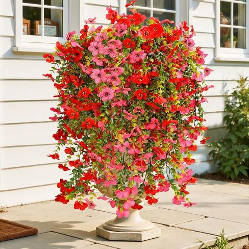 Artificial Hanging Flowers for Outdoor Decor, 6 Bundles UV Resistant Faux Silk Flowers, Fake Hanging Plants for Porch Patio Yard Planter Indoor Home Decoration(Fuchsia, Red, Purple, Yellow) in Kuwait