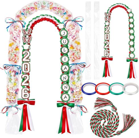 Lyrow 2026 Mexican Graduation Leis Kit Class of 2026 Grad Candy Leis with Butterfly Green and Red Mexican Ribbon Double Lei Necklace for Graduation Gifts DIY Candy Lei Party Accessories in Kuwait