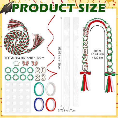 Lyrow 2026 Mexican Graduation Leis Kit Class of 2026 Grad Candy Leis with Butterfly Green and Red Mexican Ribbon Double Lei Necklace for Graduation Gifts DIY Candy Lei Party Accessories in Kuwait