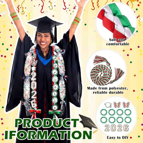Lyrow 2026 Mexican Graduation Leis Kit Class of 2026 Grad Candy Leis with Butterfly Green and Red Mexican Ribbon Double Lei Necklace for Graduation Gifts DIY Candy Lei Party Accessories in Kuwait