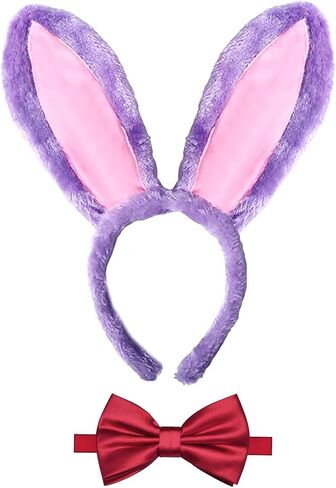 2PCS Halloween Purple Bunny Ears Headband and Red Bow Tie Accessories Set for Women, Purple Pink Rabbit Ears Head Band and Bowtie Costume for Halloween Party Cosplay Decorations in Saudi Arabia