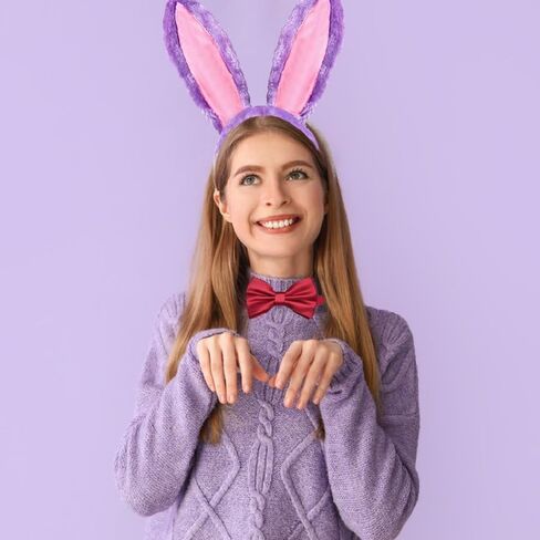 2PCS Halloween Purple Bunny Ears Headband and Red Bow Tie Accessories Set for Women, Purple Pink Rabbit Ears Head Band and Bowtie Costume for Halloween Party Cosplay Decorations in Saudi Arabia
