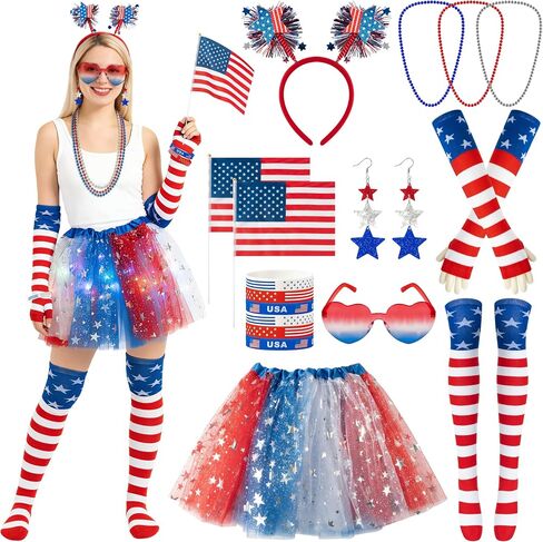 4th of July Outfits Costume for Women - 17Pcs Patriotic Costume Accessories with Red White Blue Skirt American Flag Headband Earrings Bracelet Socks Independence Day Parade Supplies Favor in Saudi Arabia