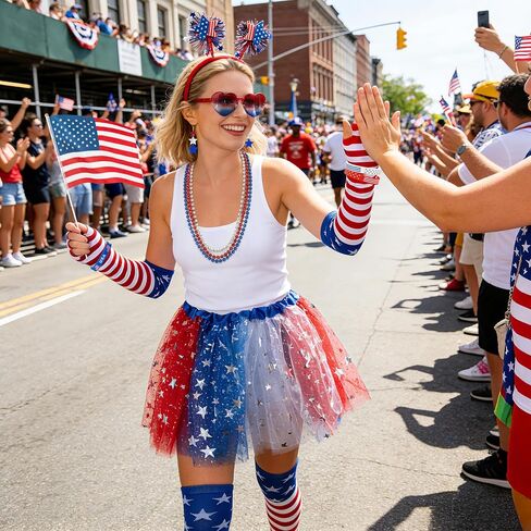 4th of July Outfits Costume for Women - 17Pcs Patriotic Costume Accessories with Red White Blue Skirt American Flag Headband Earrings Bracelet Socks Independence Day Parade Supplies Favor in Saudi Arabia