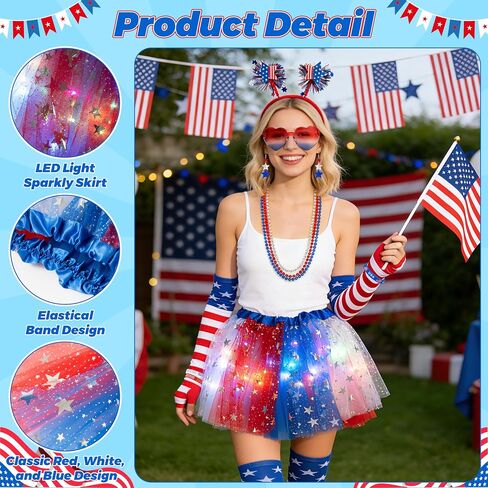 4th of July Outfits Costume for Women - 17Pcs Patriotic Costume Accessories with Red White Blue Skirt American Flag Headband Earrings Bracelet Socks Independence Day Parade Supplies Favor in Saudi Arabia