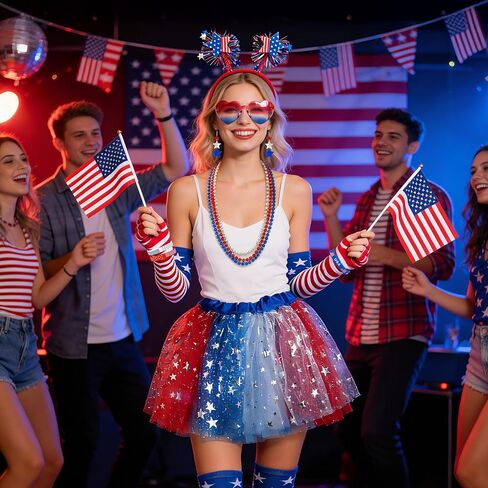 4th of July Outfits Costume for Women - 17Pcs Patriotic Costume Accessories with Red White Blue Skirt American Flag Headband Earrings Bracelet Socks Independence Day Parade Supplies Favor in Saudi Arabia
