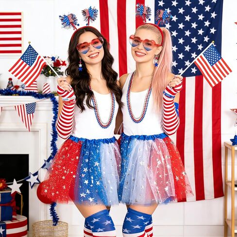 4th of July Outfits Costume for Women - 17Pcs Patriotic Costume Accessories with Red White Blue Skirt American Flag Headband Earrings Bracelet Socks Independence Day Parade Supplies Favor in Saudi Arabia