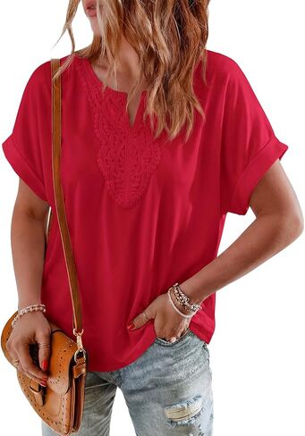 PRETTYGARDEN Womens Summer Tops Casual Short Sleeve V Neck Shirts for Women Loose Fit Going Out Top Boho Vacation Clothes in Kuwait