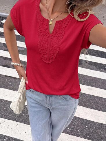 PRETTYGARDEN Womens Summer Tops Casual Short Sleeve V Neck Shirts for Women Loose Fit Going Out Top Boho Vacation Clothes in Kuwait
