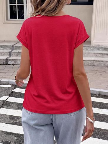 PRETTYGARDEN Womens Summer Tops Casual Short Sleeve V Neck Shirts for Women Loose Fit Going Out Top Boho Vacation Clothes in Kuwait