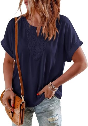 PRETTYGARDEN Womens Summer Tops Casual Short Sleeve V Neck Shirts for Women Loose Fit Going Out Top Boho Vacation Clothes in Kuwait
