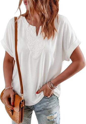 PRETTYGARDEN Womens Summer Tops Casual Short Sleeve V Neck Shirts for Women Loose Fit Going Out Top Boho Vacation Clothes in Kuwait