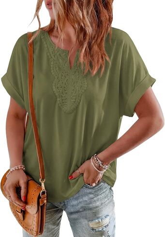PRETTYGARDEN Womens Summer Tops Casual Short Sleeve V Neck Shirts for Women Loose Fit Going Out Top Boho Vacation Clothes in Kuwait