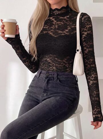 بلوزات نسائية من PRETTYGARDEN بأكمام طويلة من الدانتيل وبلوزات شبكية شفافة ورقبة وهمية شفافة من خلال ملابس علوية ضيقة موضة خريف 2026 in Kuwait