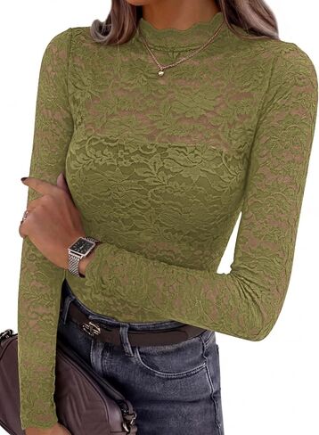 بلوزات نسائية من PRETTYGARDEN بأكمام طويلة من الدانتيل وبلوزات شبكية شفافة ورقبة وهمية شفافة من خلال ملابس علوية ضيقة موضة خريف 2026 in Kuwait