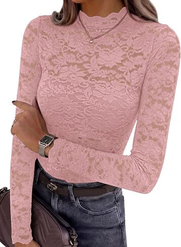 بلوزات نسائية من PRETTYGARDEN بأكمام طويلة من الدانتيل وبلوزات شبكية شفافة ورقبة وهمية شفافة من خلال ملابس علوية ضيقة موضة خريف 2026 in Kuwait