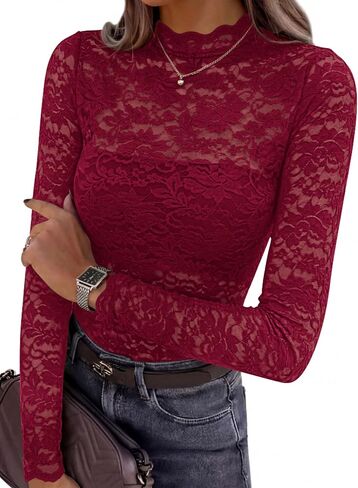 بلوزات نسائية من PRETTYGARDEN بأكمام طويلة من الدانتيل وبلوزات شبكية شفافة ورقبة وهمية شفافة من خلال ملابس علوية ضيقة موضة خريف 2026 in Kuwait