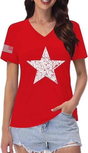 American Flag V-Neck Shirts for Women USA Patriotic T-Shirt 4th of July Tee Tops in Saudi Arabia