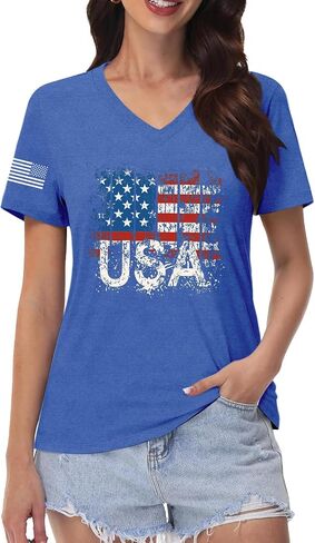 American Flag V-Neck Shirts for Women USA Patriotic T-Shirt 4th of July Tee Tops in Saudi Arabia