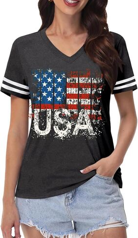 American Flag V-Neck Shirts for Women USA Patriotic T-Shirt 4th of July Tee Tops in Saudi Arabia