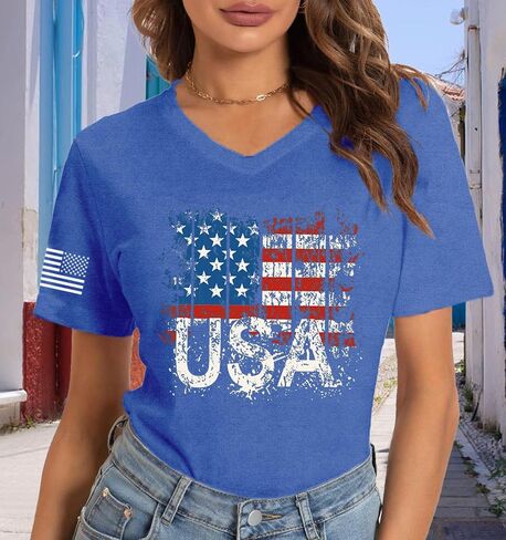 American Flag V-Neck Shirts for Women USA Patriotic T-Shirt 4th of July Tee Tops in Saudi Arabia