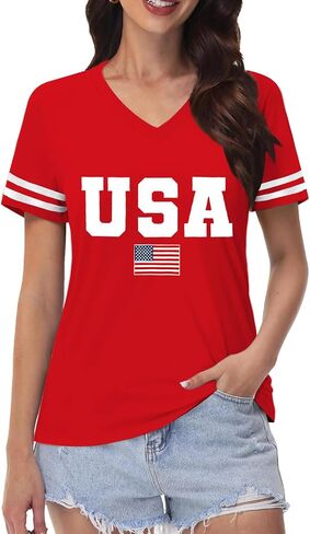 American Flag V-Neck Shirts for Women USA Patriotic T-Shirt 4th of July Tee Tops in Saudi Arabia
