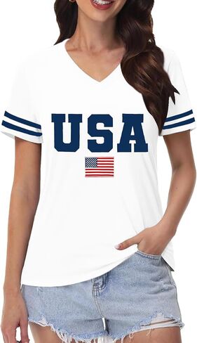American Flag V-Neck Shirts for Women USA Patriotic T-Shirt 4th of July Tee Tops in Saudi Arabia