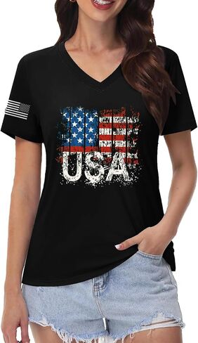 American Flag V-Neck Shirts for Women USA Patriotic T-Shirt 4th of July Tee Tops in Saudi Arabia