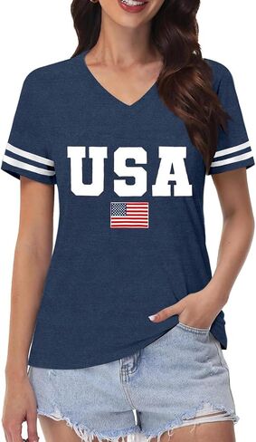 American Flag V-Neck Shirts for Women USA Patriotic T-Shirt 4th of July Tee Tops in Saudi Arabia
