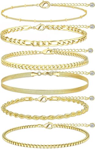 Gold Stack Bracelets for Women Non Tarnish, 14K Gold Plated Chain Bracelets Set for Women, Dainty Trendy Thin Waterproof Cuban Link Box Bracelet Pack for Jewelry Gifts in Saudi Arabia