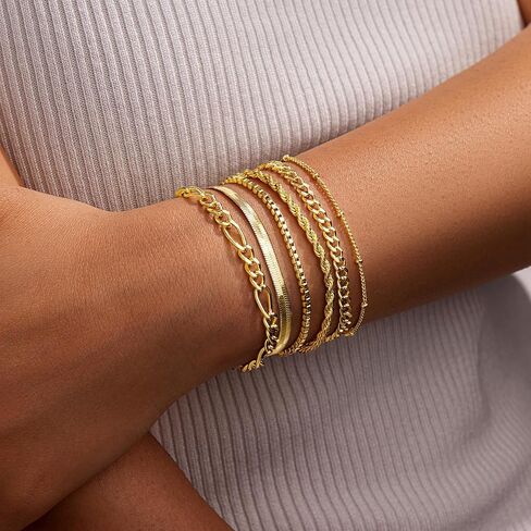 Gold Stack Bracelets for Women Non Tarnish, 14K Gold Plated Chain Bracelets Set for Women, Dainty Trendy Thin Waterproof Cuban Link Box Bracelet Pack for Jewelry Gifts in Saudi Arabia
