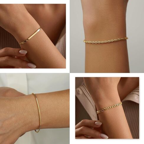 Gold Stack Bracelets for Women Non Tarnish, 14K Gold Plated Chain Bracelets Set for Women, Dainty Trendy Thin Waterproof Cuban Link Box Bracelet Pack for Jewelry Gifts in Saudi Arabia