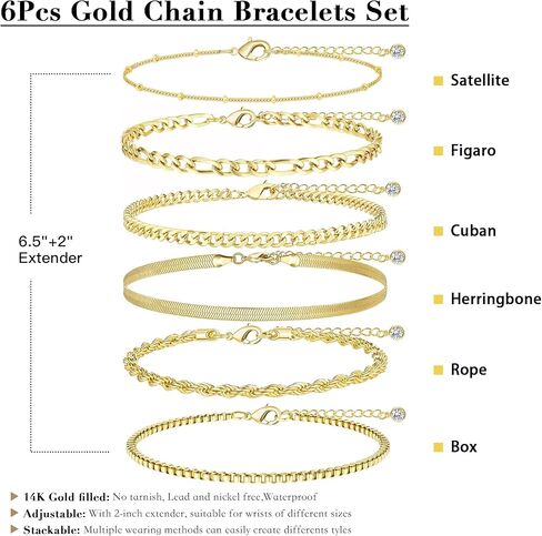 Gold Stack Bracelets for Women Non Tarnish, 14K Gold Plated Chain Bracelets Set for Women, Dainty Trendy Thin Waterproof Cuban Link Box Bracelet Pack for Jewelry Gifts in Saudi Arabia