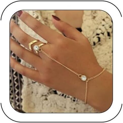 Bethynas Boho Gold Link Bracelet with Slave Finger Ring Vintage Bohemian Crystal Hand Harness Dainty Gold Ring Hand Chain for Women in Kuwait