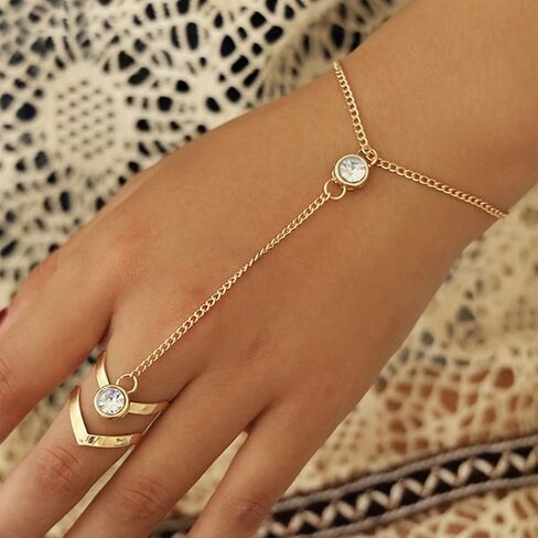 Bethynas Boho Gold Link Bracelet with Slave Finger Ring Vintage Bohemian Crystal Hand Harness Dainty Gold Ring Hand Chain for Women in Kuwait