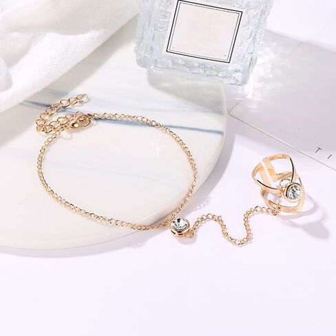 Bethynas Boho Gold Link Bracelet with Slave Finger Ring Vintage Bohemian Crystal Hand Harness Dainty Gold Ring Hand Chain for Women in Kuwait